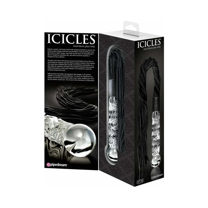 Icicles No. 38 Leather Flogger with Glass Handle Clear/Black