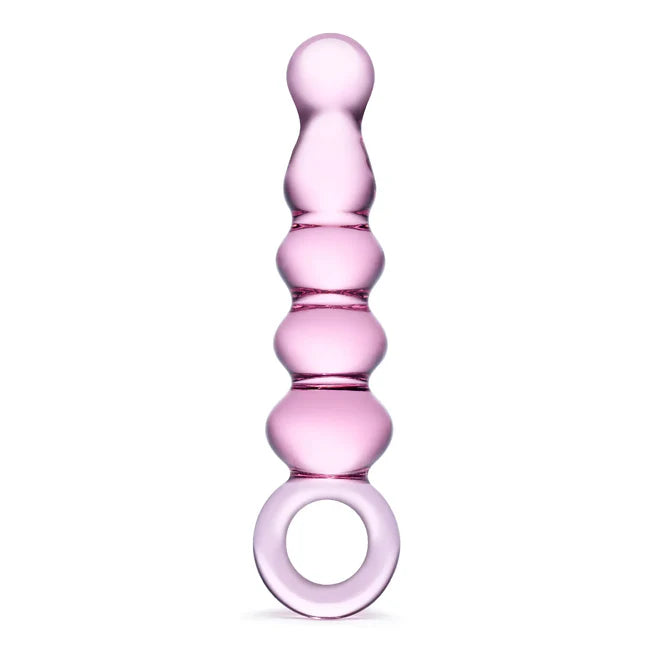 Glas 7.5 in. Quintessence Beaded Anal Slider Glass Dildo with Ring Handle