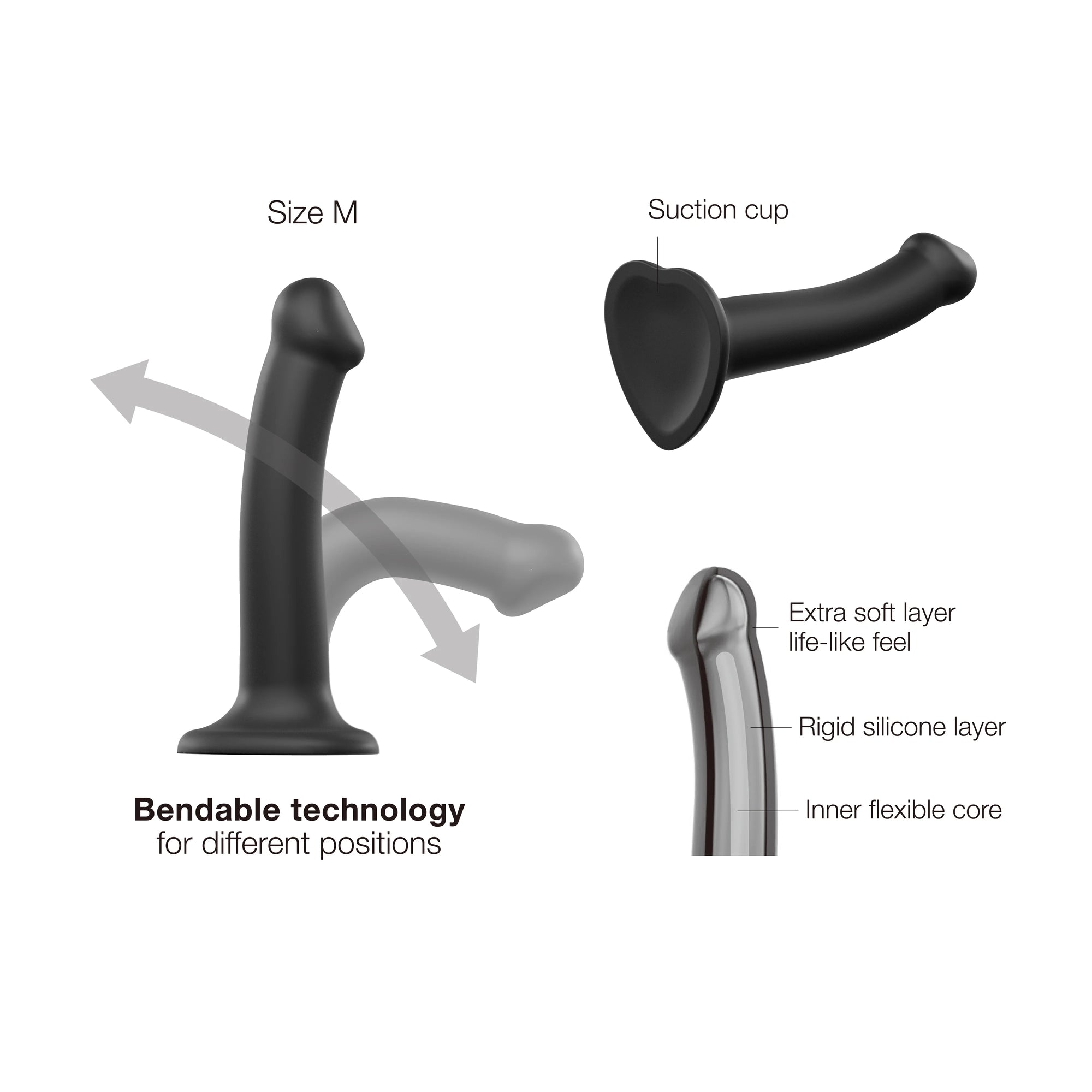 Strap-On-Me Bendable Dual-Density Silicone Suction Cup Dildo Black