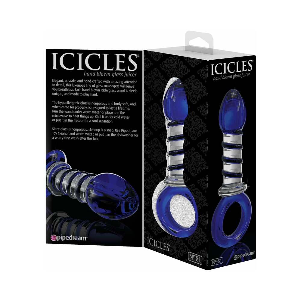 Icicles No. 81 Glass Juicer Ribbed Dildo With Handle Blue