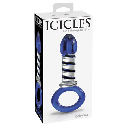 Icicles No. 81 Glass Juicer Ribbed Dildo With Handle Blue