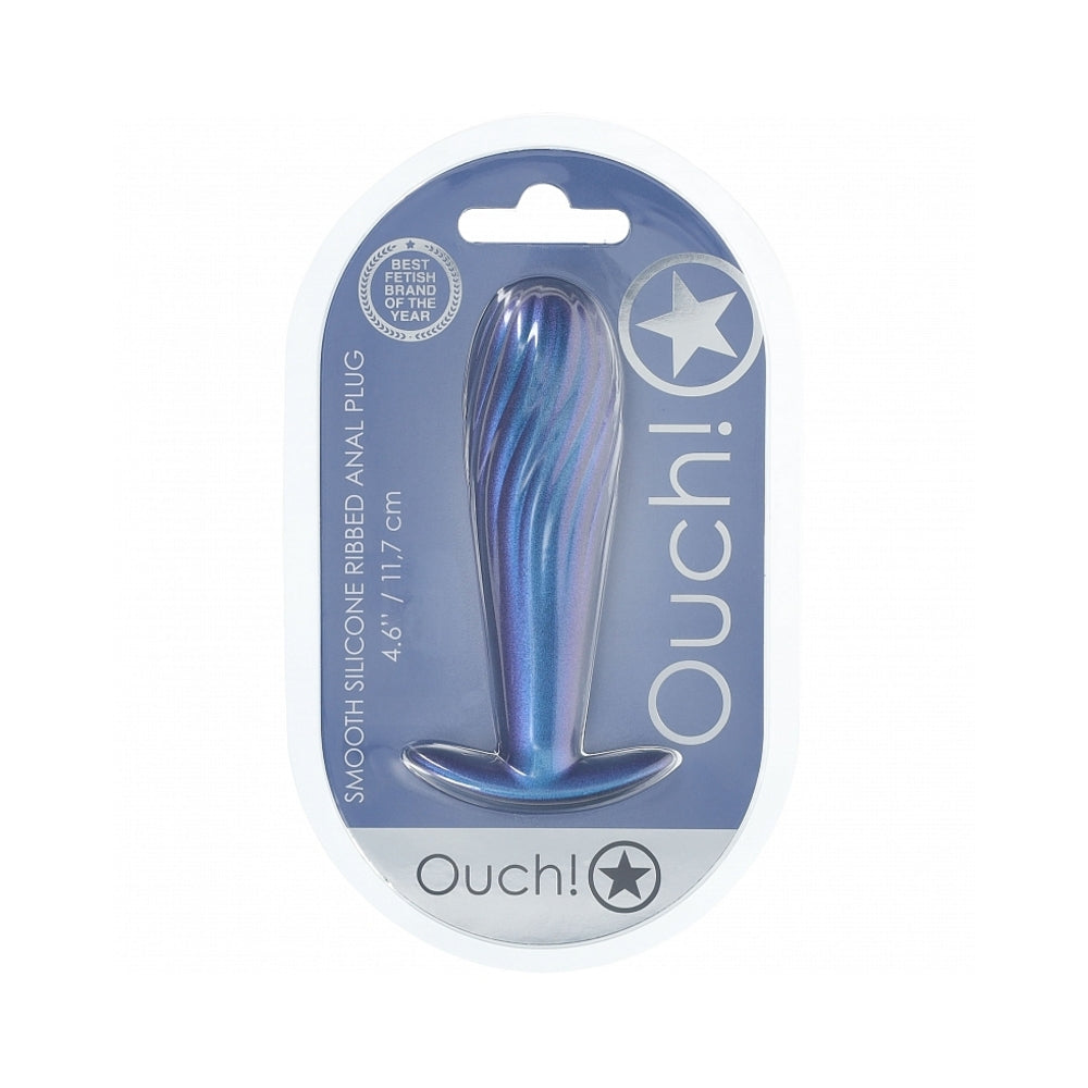 Ouch! Smooth Silicone Ribbed Anal Plug 4.6 in. Metallic Blue