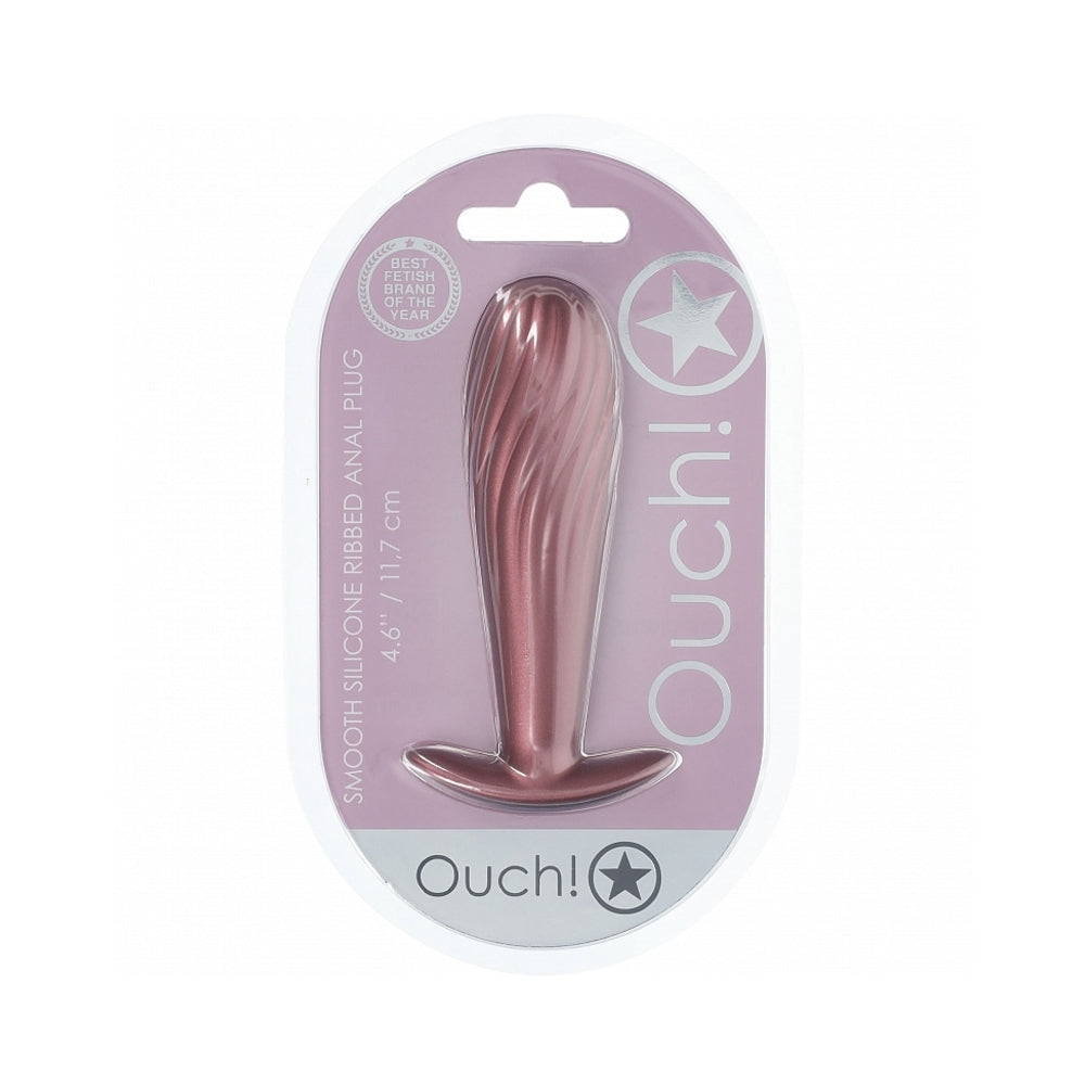 Ouch! Smooth Silicone Ribbed Anal Plug 4.6 in. Rose Gold